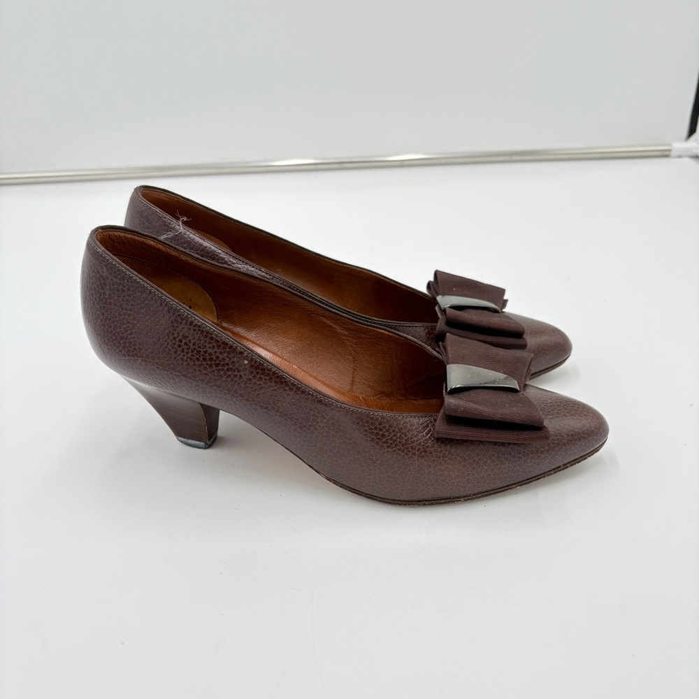 Vintage Tancredi Whimsigoth Brown Leather Kitten Heel Pumps Bow Classic 37 6.5